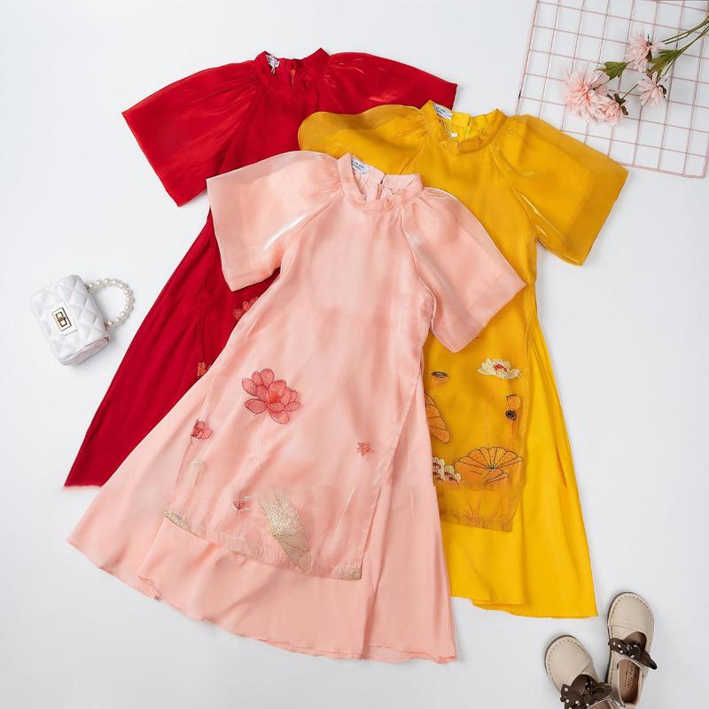 Áo Dài SEN Cách Tân Cho Mẹ Và Bé Gái Size Đại Từ 11-60kg Thêu Hoa Cho Bé Chơi Tết Women Top