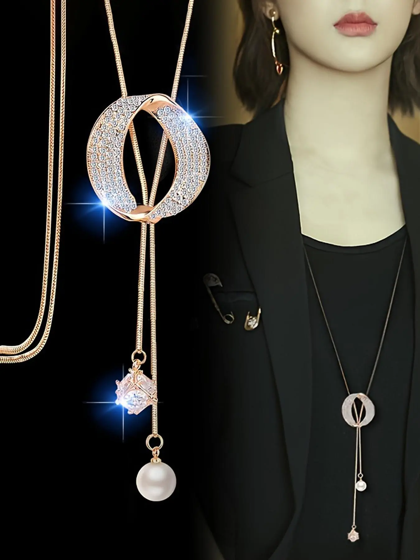 Women's Elegant Rhinestone & Faux Pearl Decorated Necklace, Exquisite Trendy Pendant Necklace, Chic Jewelry As Gift for Girlfriend