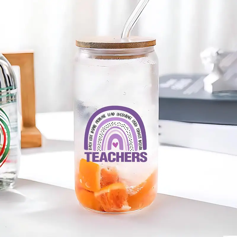 16oz Glass Cup, 1 Count Letter Pattern Glass Cup with Straw & Brush, Drinking Cup for Home Office School, Gift for Teacher 5
