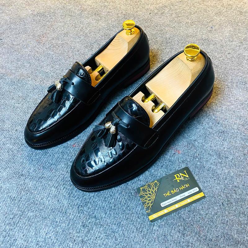 Giày thời trang nam, da bò, vân đá, chuông bạc, đế phíp gỗ - Trơn Vân Đá