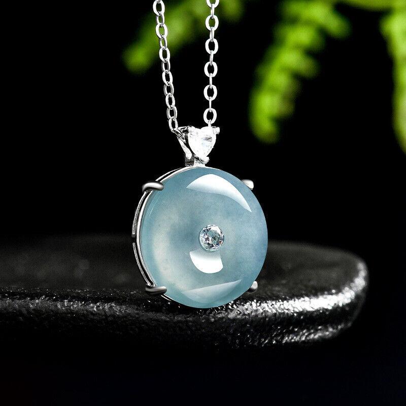 S925 silver inlaid with natural A jadeite blue water safety buckle ice jade pendant pendant necklace men's and women's pendant 2