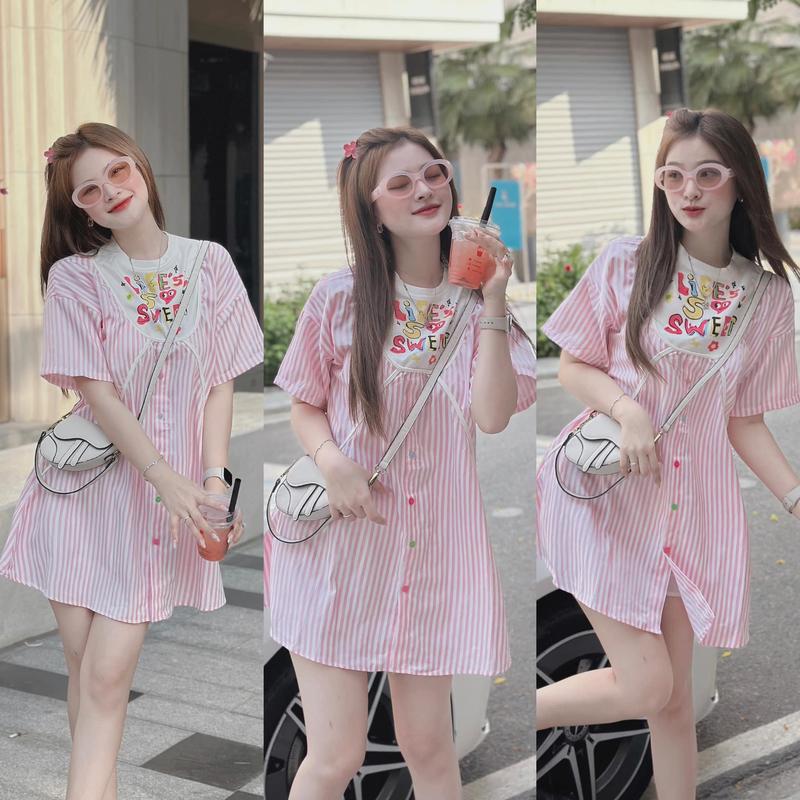 DEAL MỞ BÁN Sét váy Nữ, Set váy babydoll kẻ hồng in chữ ở cổ Women Dress Tre 1