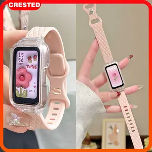 Kasing PC Anti Gores Transparan + Tali Jam Tangan Lembut Silikon untuk Huawei Band 10/9/8 (Termasuk Versi NFC) - Pelindung Layar + Frame Polos Lucu + Aksesoris Lengkap