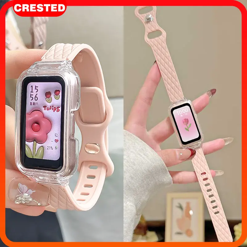 Kasing PC Anti Gores Transparan + Tali Jam Tangan Lembut Silikon untuk Huawei Band 10/9/8 (Termasuk Versi NFC) - Pelindung Layar + Frame Polos Lucu + Aksesoris Lengkap