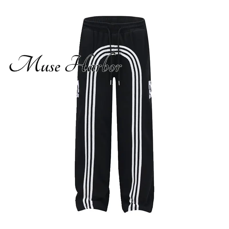 Quần Thể Thao, Thiết Kế Hộp Mực Muse, Sọc Đen, Ống Rộng, Phong Cách Cổ Điển Mỹ Quần Sàn Bánh Xà Cừ Lớn