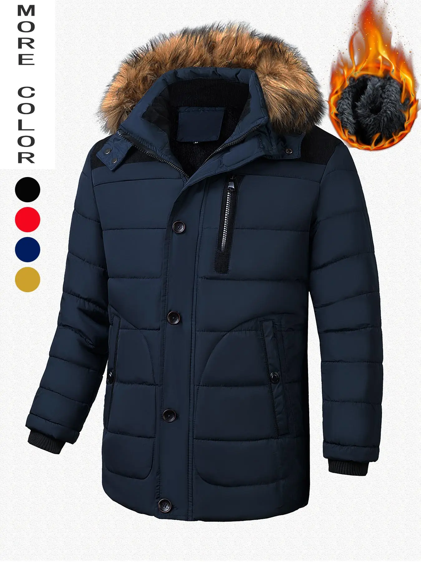 Men's Contrast Faux Fur Trim Hooded Jacket, Regular Fit Casual Long Sleeve Button Front Zipper Coat for Winter, Men's Clothes for Daily Wear