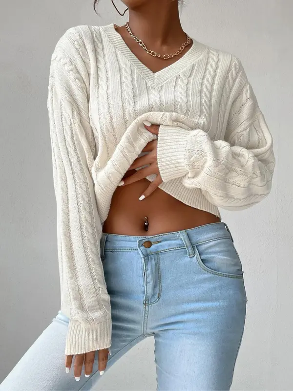 Women's Basic Thin Textured V Neck Cable Knit Sweater, Lady Minimalist Casual Comfort Drop Shoulder Long Sleeve Knitting Jumper, Cozy-chic Women's Pullover Knitwear Top for Womenswear Fall & Winter,  Jumpers for Women 4