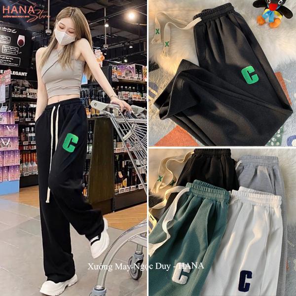 Quần tổ ong chữ C ống rộng có dây rút túi nữ dáng quần jogger nỉ nữ cạp chun vải co giãn dày nhẹ mặc đi học thể thao ở nhà