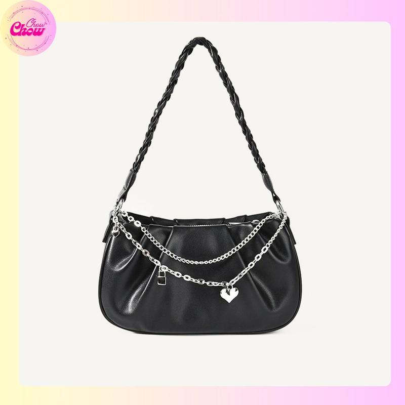 Túi xách nữ đeo vai, đeo chéo, vải PU nhún bóng mịn, dây đeo bện phối mắt xích trái tim - T043 Bag Da