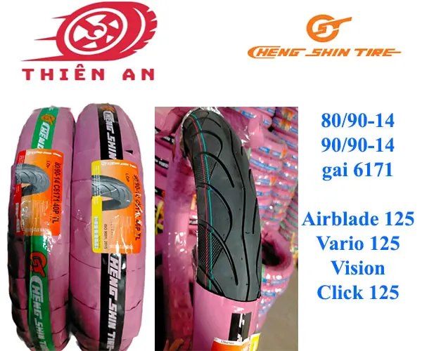 Lốp xe Chengshin 80/90-14+90/90-14 gai 6171 không ruột Vario, Click 125i, Air Blade, Vision, Genio 110, Address 125