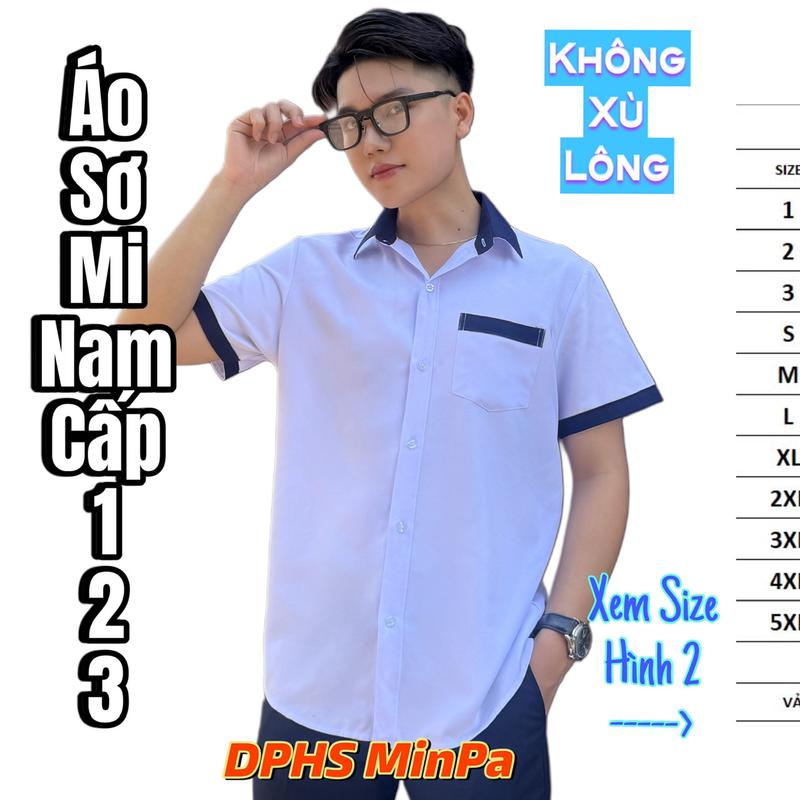 Áo Sơ Mi Học Sinh Nam Cấp 1 2 3 Phối Xanh Đen Nền Trắng Vạt Bầu Có Cổ Có Túi Men Wear áo sơ mi nam cộc tay nam
