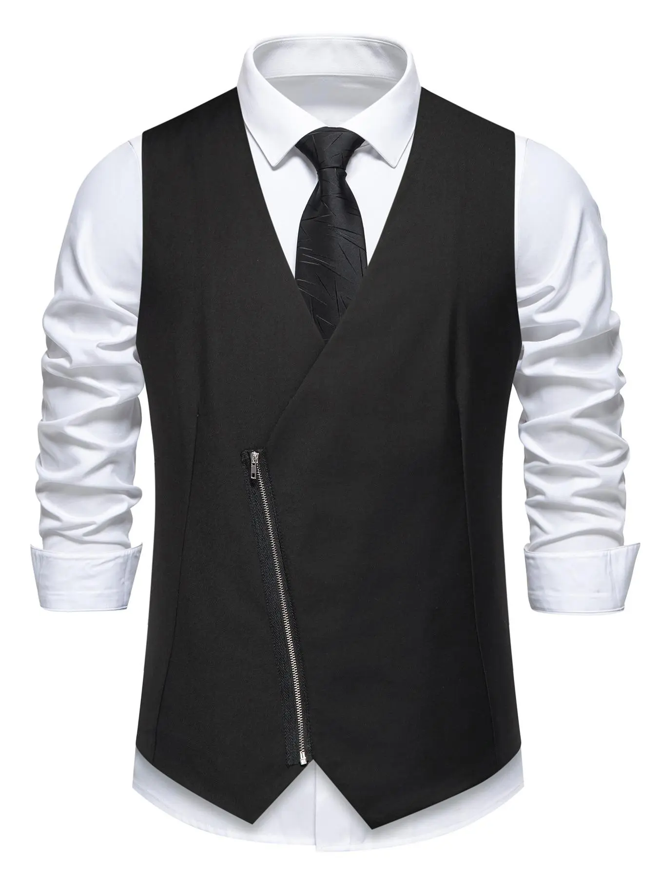 Men's Solid Zipper V Neck Waistcoat, Regular Fit Casual Sleeveless Outerwear for Wedding Party, Fashion Men's Clothes for All Seasons