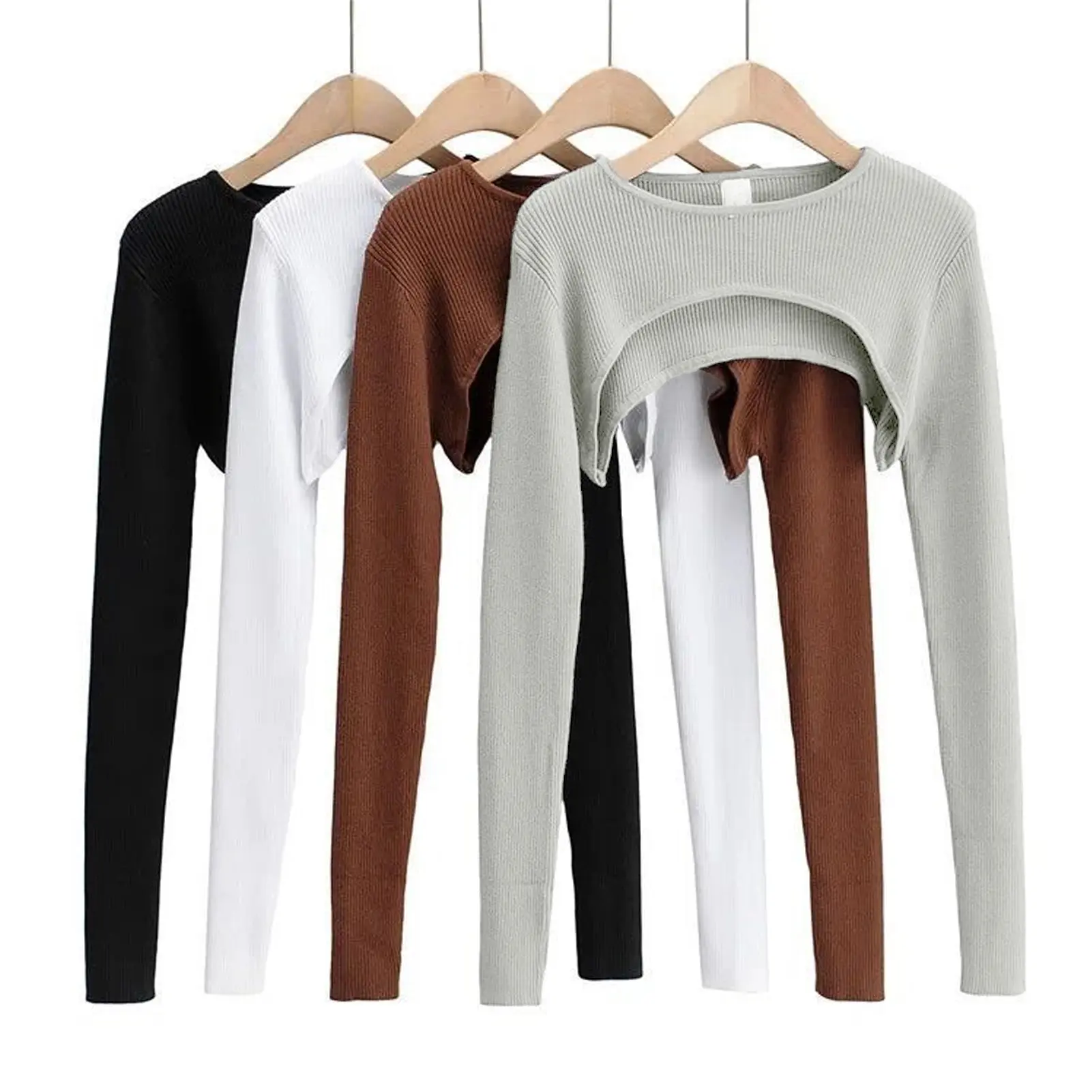 donmowh Women Crop Top Waist-exposed Short Round Neck Solid Color Pullover Long Sleeve Soft Elastic Knitted T-shirt Matching Cover-up Top
