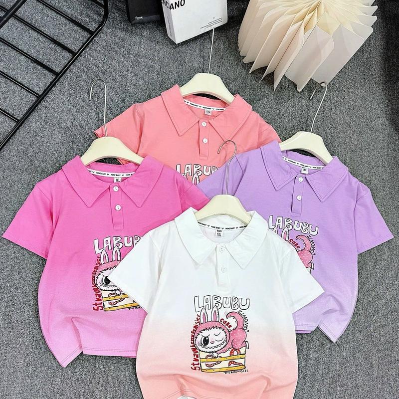 (18-39kg) Áo phông có cổ cho bé gái Loang 4 màu Bản Mới cotton