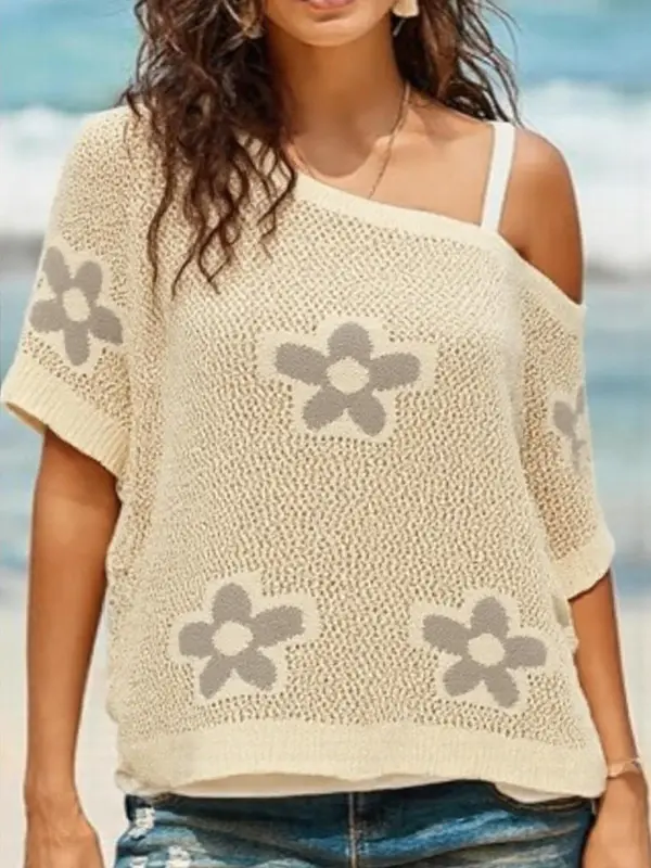 Women's Floral Pattern Crochet Sweater, Casual Half Sleeve Knit Top for Summer, Fashion Women's Knitwear for Daily Wear 6