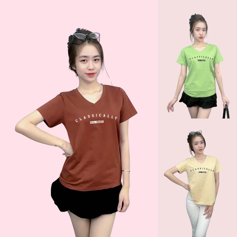 A045 - Áo Thun Thái Nữ Cổ Tim Co Giãn Tôn Dáng, Mịn Mát, Thấm Hút Mồ Hôi, Phối Hình Nổi Top Women 1