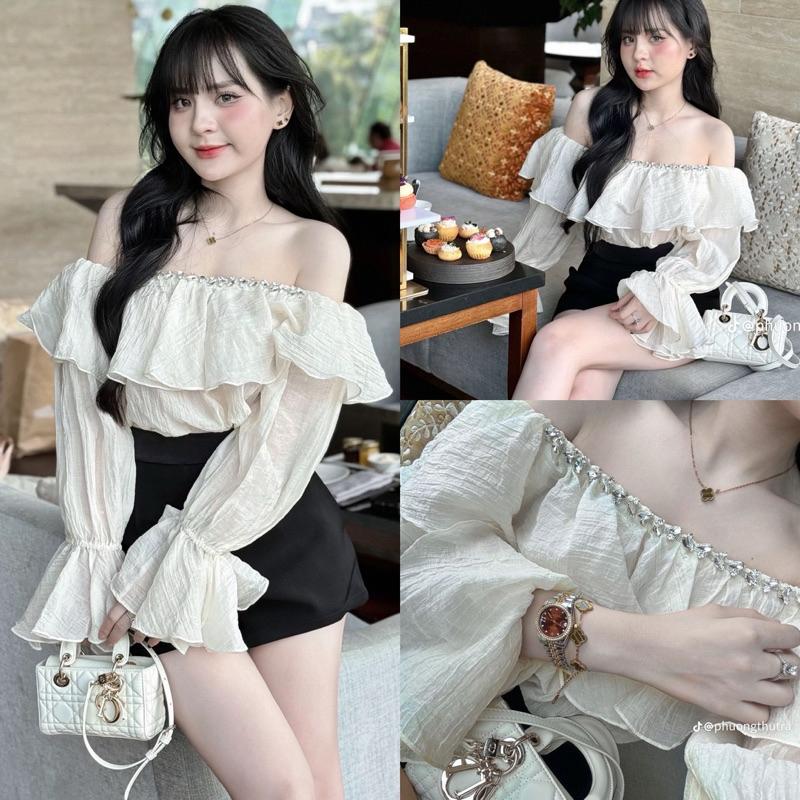 Áo sơ mi trễ vai dài tay phối bèo đính đá áo tơ tay bồng bánh bèo chất tơ nhăn QC cao cấp HA927 HM STYLE HN Nữ Top Women