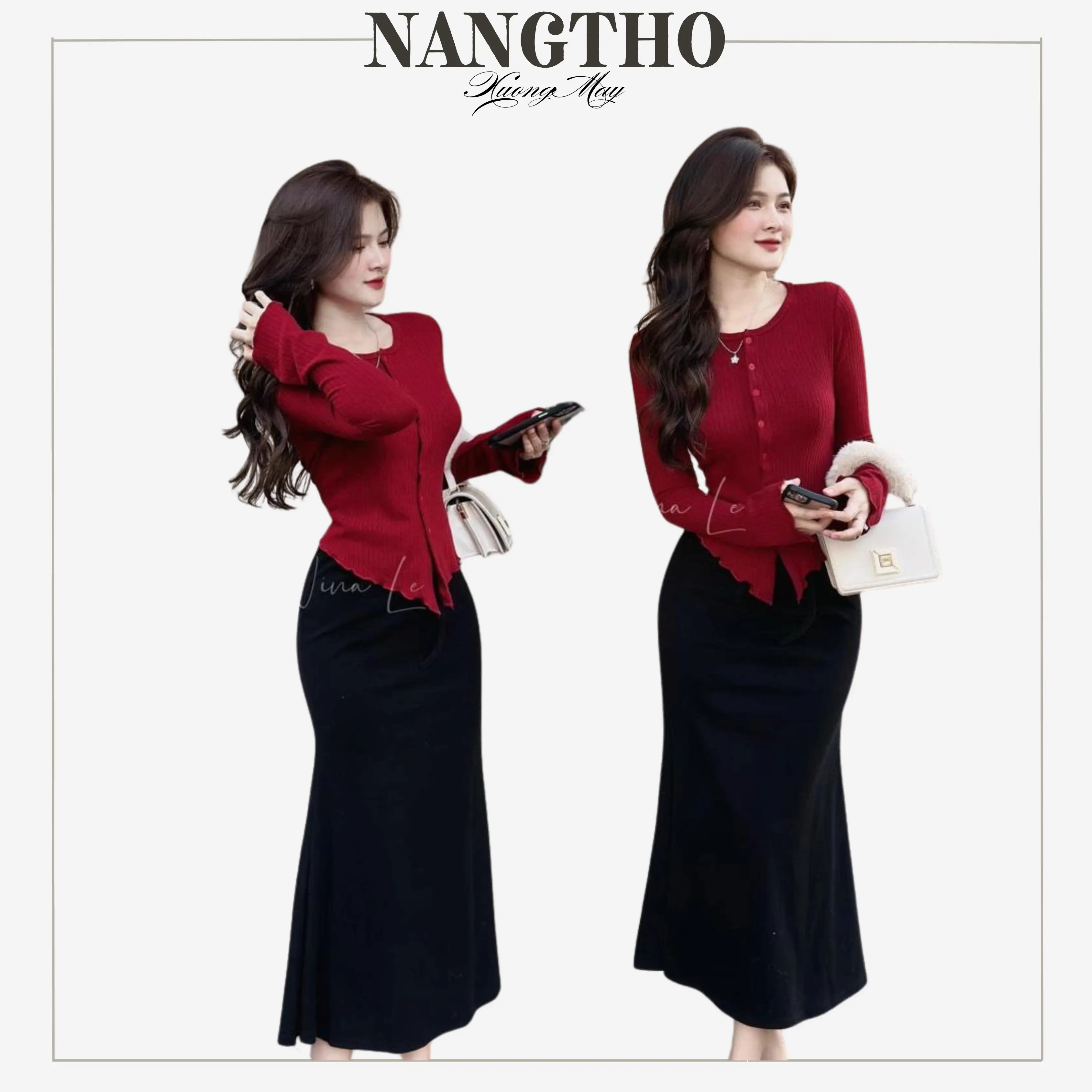 8640 Set Áo Len Cúc Gài Tay Loe + Chân Váy Đuôi Cá Dáng Dài  Nữ Women Top Nhung Voi