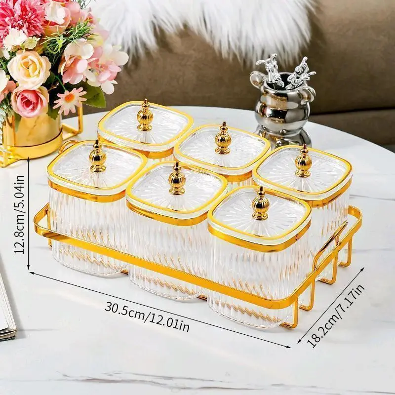 Set Bekas Makanan Dapur, Jomlerdeko, Saiz Mini (Kedap Udara), 6 Bekas dan Dulang, Diperbuat daripada Bahan Plastik, Dulang Akrilik, Saiz 27cm x 18cm x 8cm, Sesuai untuk Menyimpan Gula-gula, Biskut, Sampel Syampu, Kedap Udara, Bekas Makanan