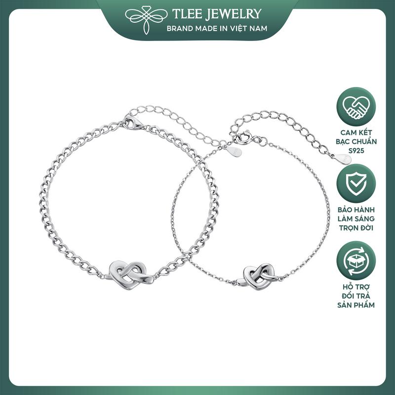 Lắc tay bạc đôi đeo nam nữ mặt tim đan chéo TLEEJEWELRY LT0405