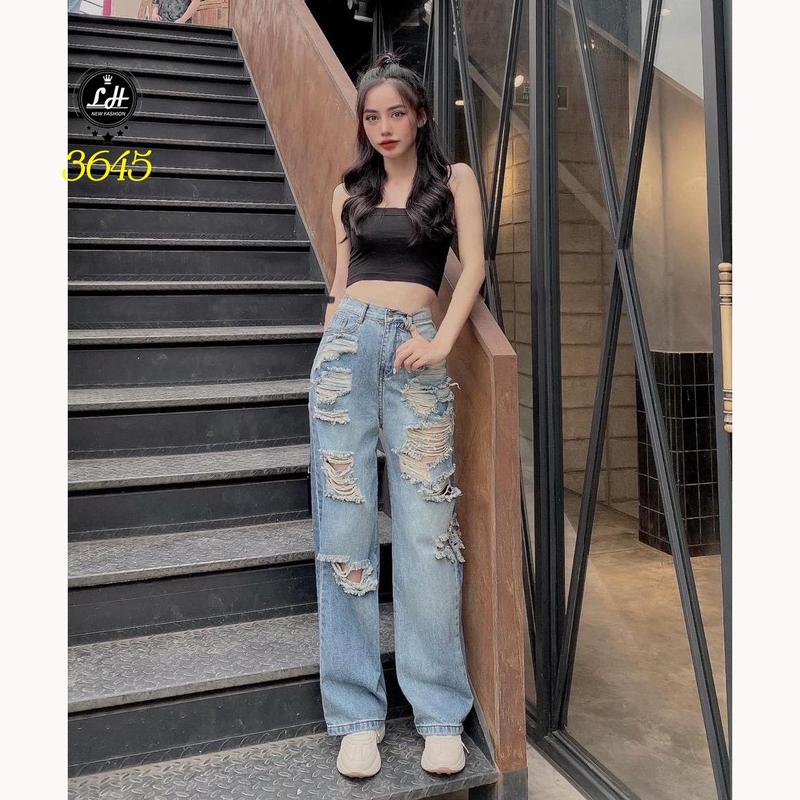 Quần jean nữ ống rộng quần bò màu xanh rách ống rách sườn te tua tả tơi siêu chất Lê Huy Fashion MS 3645