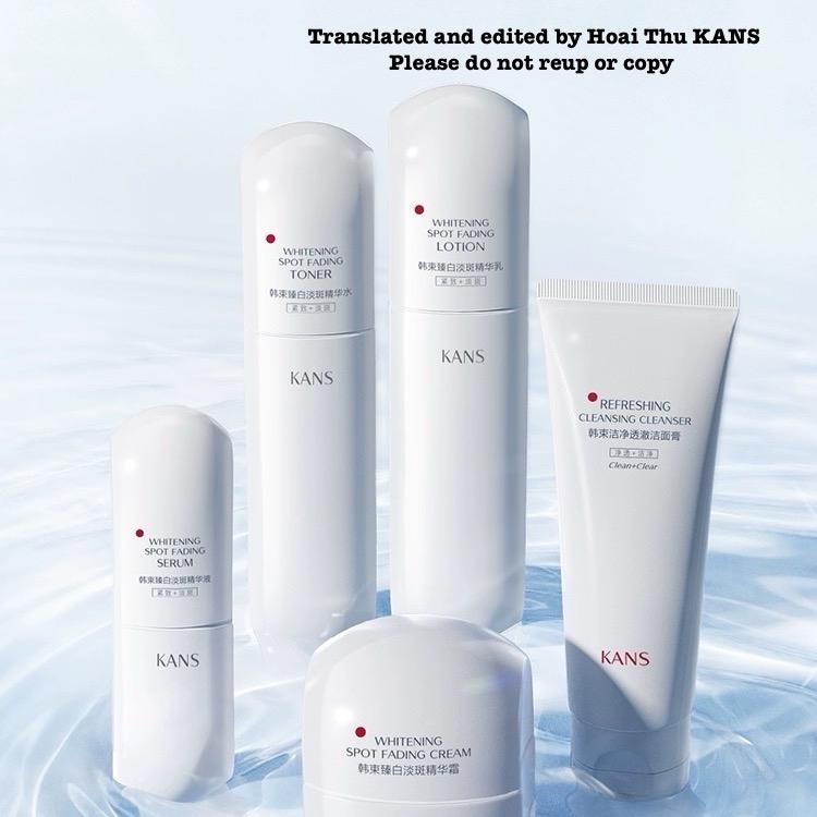 [TẶNG MASK+KCN] Set Mĩ Phẩm KANS Trắng KHÔNG HỘP QUÀ Dưỡng Ẩm Dưỡng Sáng Da,& Hỗ Trợ Mờ Thâm  Bản 1.0 Gồm 5 Sản Phẩm: Sữa Rửa Mặt 100g, Toner 100ml, Lotion 100ml, Serum 30ml, Kem Dưỡng 50g