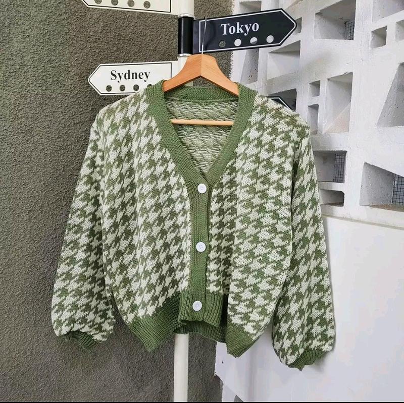 Product Introduction of Cardigan Houdstooth Autumn Semi Crop Outer Sweater 12