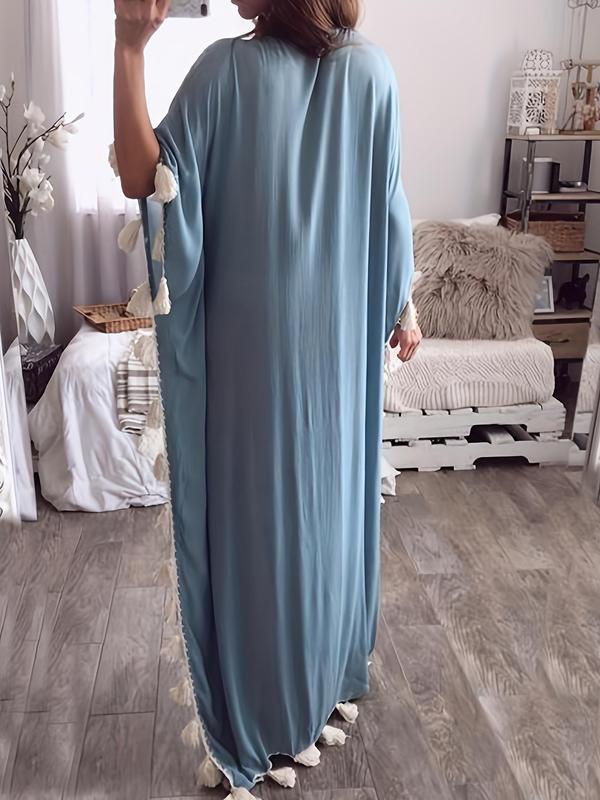 Women's Patchwork Fringe Trim Batwing Sleeve Arabian Robe Dress, Elegant V Neck Half Sleeve Long Dress for Daily Wear, Ladies Islamic Clothing for All Seasons 1