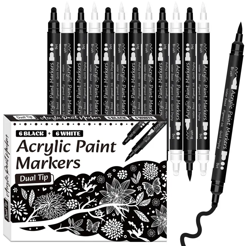 Acrylic Paint Marker Set, 12pcs/set Double-ended Acrylic Paint Marker Pen, Art Marker Pen for Rock Painting, Wood, Canvas, Plastic, Glass, Ceramic 5