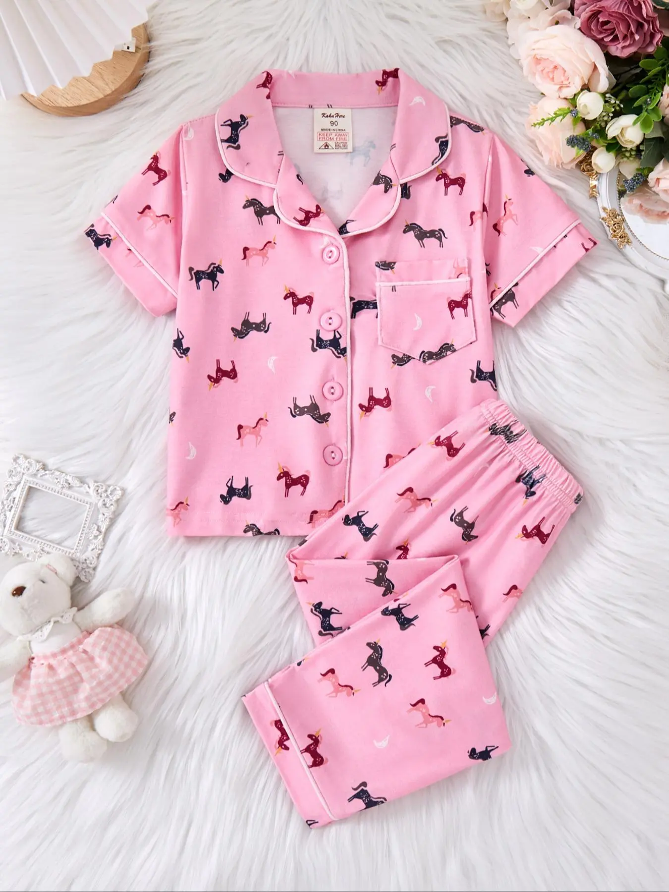 Toddler Girl's Cartoon Print Short Sleeve Top & Elastic Waist Pants Loungewear Set, Cute Casual Pajama Two-piece Set, Kids Sleepwear for Spring & Fall, Clothing