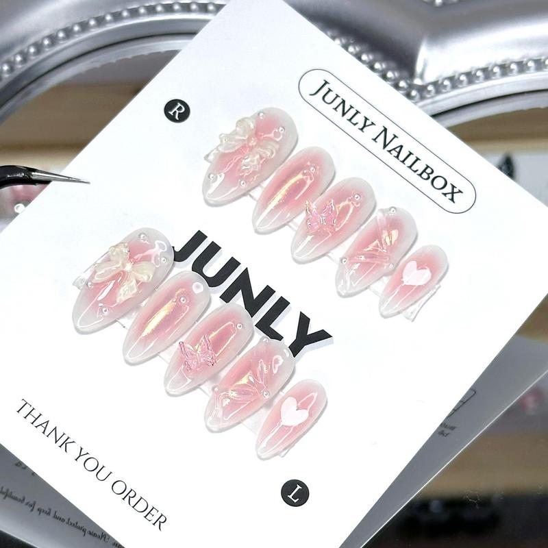 Bộ Thiết Kế Nailbox hồng nơ Dịu Dàng mã 207 với 10 Nail, chai keo mini, 12 miếng dán Nail chuyên dụng, dũa mini và miếng giấy lau - Nữ, Women