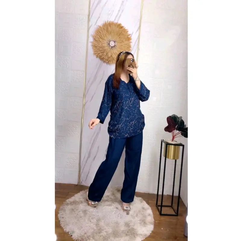 Setelan Wanita CPLP Lengan panjang Motif Abstrak Kancing Nyaman Atasan Baju Celana Rayon Santai Variasi Panjang Pendek one set rayon lengan panjang 1