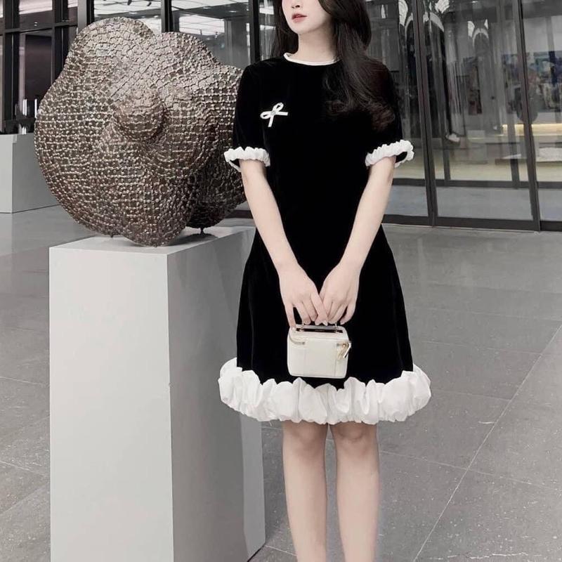 Váy Nhung Bầu Thu Đông Tiểu thư dáng suông phối viền xinh xắn dễ thương Nữ Dress đi tiệc mặc Tết Women Đen cưới áo khoác đầm body