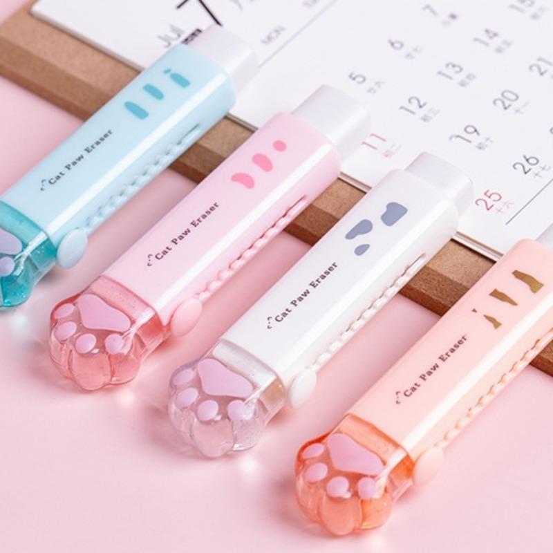 Product Introduction of Cute Cat Paw Design Eraser, 4 Counts/set Portable Push-pull Eraser, Clean & Scratch Free Eraser for Home School Office Dormitory 0