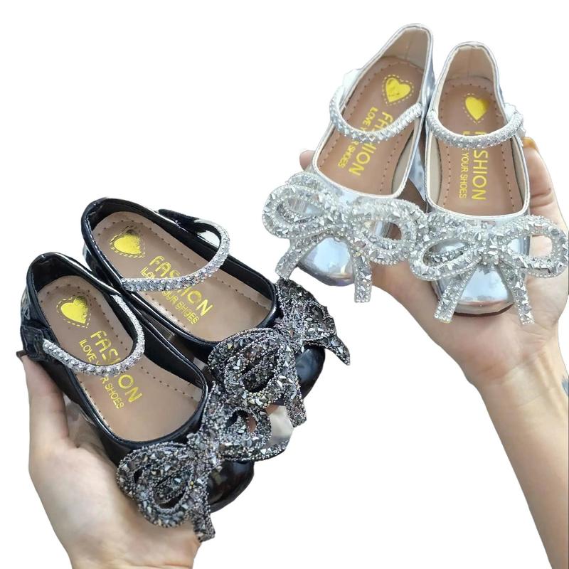 Giày Da Bóng Mũi Tròn Nơ Đá Lấp Lánh Tiểu Thư Sang Chảnh Đế dẻo Cho Bé Gái Đi Tiệc Màu Bạc Đen