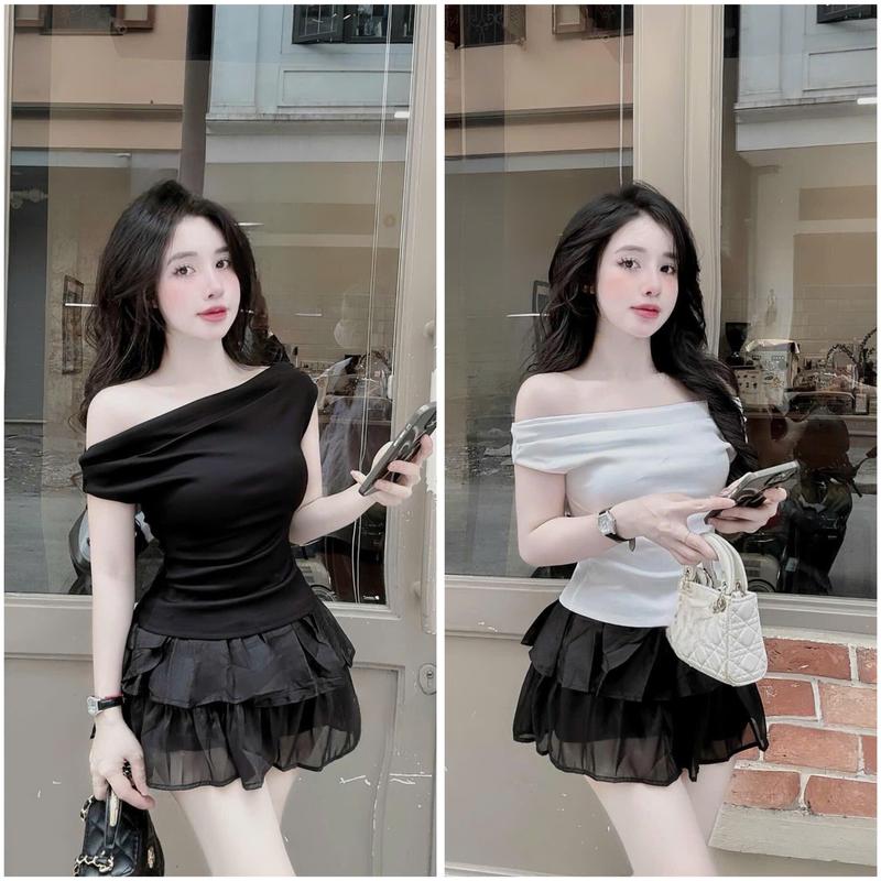 Sét đồ nữ 2 món áo thun tăm trễ vai kèm chân váy voan tơ xếp tầng dáng ngắn trẻ trung xinh xắn