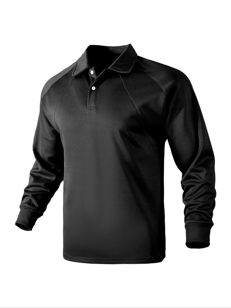 Product Introduction of Men's Solid Raglan Sleeve Polo Shirt, Regular Fit Casual Long Sleeve Collared Top for Fall & Winter, Men's Clothes for Daily Wear, Clothing 6