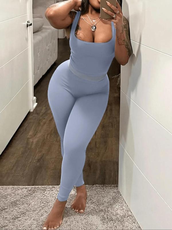 Lovelywholesale 2 Counts Plus Size Solid Scoop Neck Crop Tank Top & High Waist Pants Set, Summer Clothes Women, Sleeveless Top & Skinny Trousers, Two-piece Outfits for Summer 8