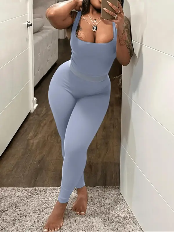 Lovelywholesale 2 Counts Plus Size Solid Scoop Neck Crop Tank Top & High Waist Pants Set, Summer Clothes Women, Sleeveless Top & Skinny Trousers, Two-piece Outfits for Summer 8