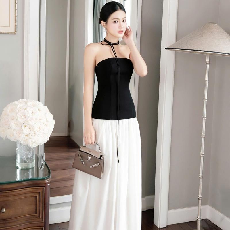 Set váy dài Khiết áo quây form ôm phối chân váy dài dáng xòe kèm dây nơ cổ phong cách dự tiệc quyến rũ KS381