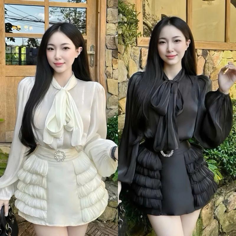  BIGSIZE HIẾU HIẾU  55-95KG  - Set voan tơ thiết kế Áo tay bồng cổ nơ + Chân váy tầng sang chảnh S462 