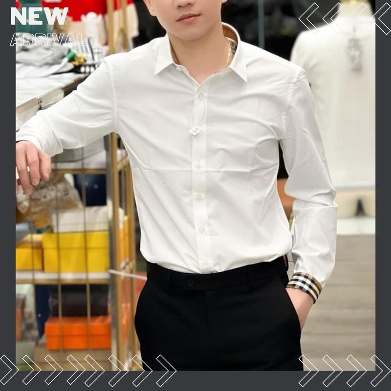 Áo Sơ Mi Trắng Phối Tay Cotton Caro Trơn Menswear Nam Shirt