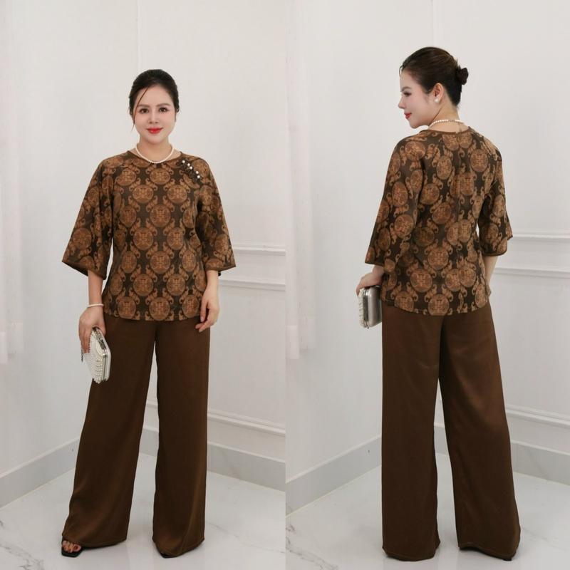 Set đồ bà ba, Set đồ trung niên, Set đồ kiểu cho các bà, các mẹ, áo sơ mi, quần dài, chất gấm tô châu CC38 Nữ Women Top Kem