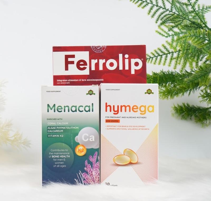 Bộ 3 sắt Ferrolip - canxi Menacal - DHA Hymega bổ sung sắt, canxi, DHA