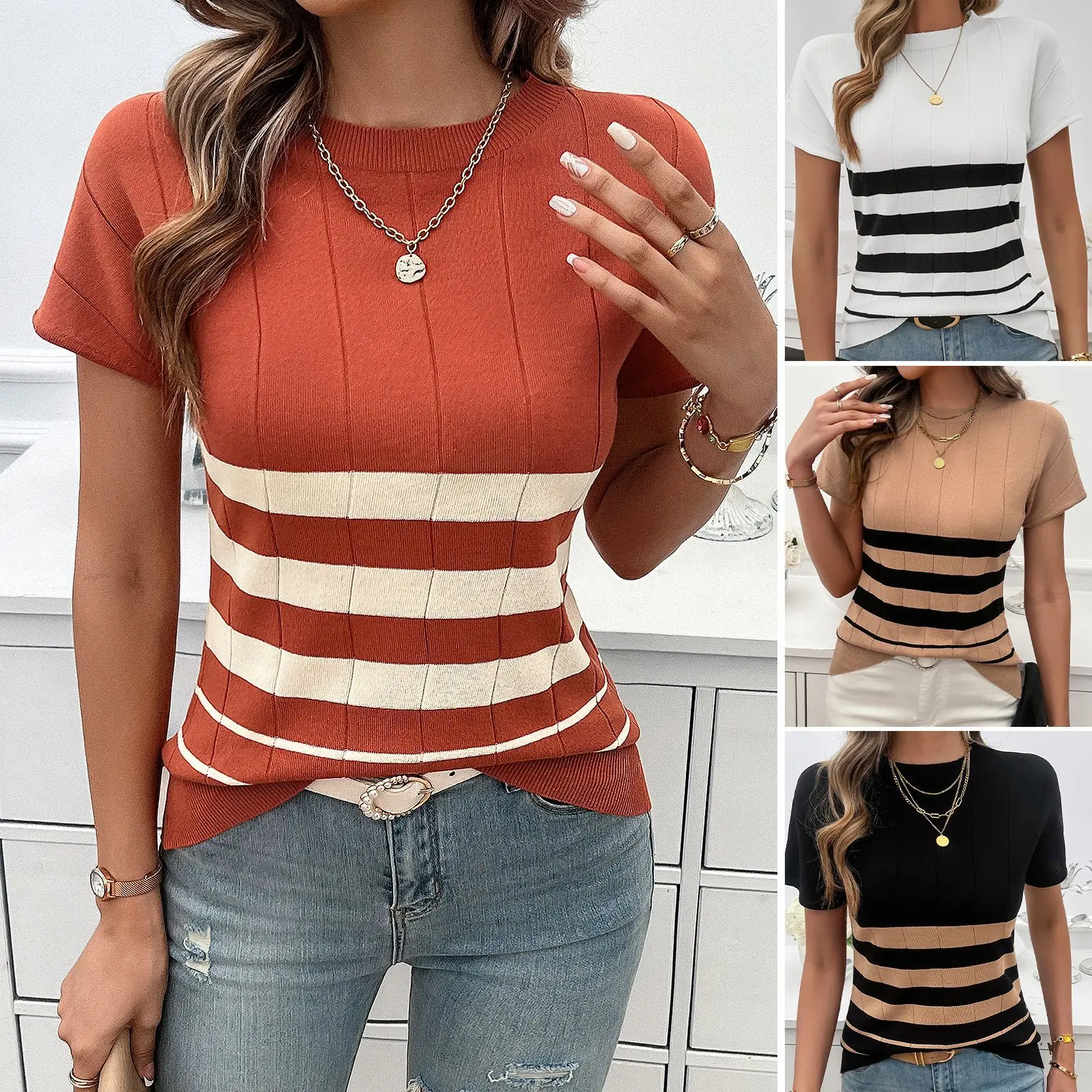 Spring 2025 Outfits Top Women's Clothing 2025 Spring and Summer Temperament Slim-Fit Striped Short Sleeves Sweater Womenswear Comfort