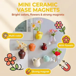 Magnet kulkas vas keramik lucu gaya Ins set dekorasi tanaman kreatif personalisasi 3D magnet mini