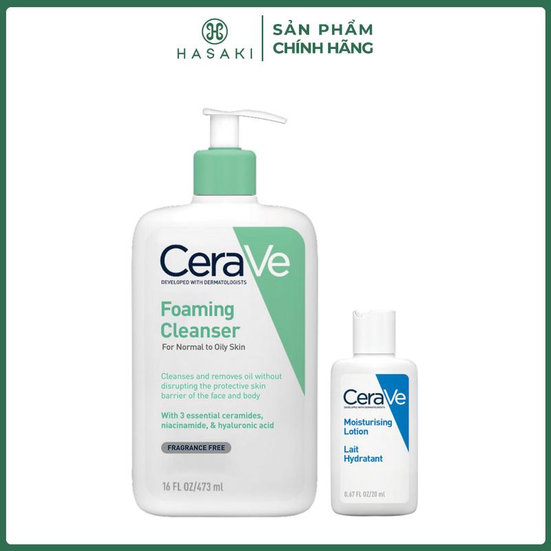 CeraVe Sữa Rửa Mặt Cho Da Dầu 473ml + Sữa Dưỡng Thể Cho Da Khô 20ml | HASAKI BEAUTY