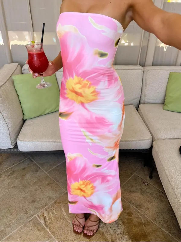 Women's Floral Print Tube Dress, Fashion Casual Sleeveless Strapless Long Dress for Holiday Vacation, Ladies Summer Clothes 3