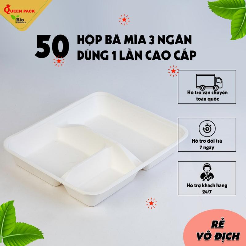 Sỉ 50 Hộp Cơm 3 Ngăn Làm bằng Bã mía  Kèm nắp Nhựa PET Cao Cấp, Dùng Để Đựng Cơm Cho Nhà Hàng Khách Sạn