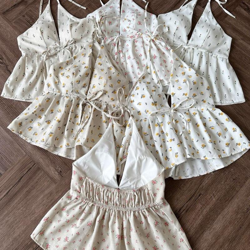 Áo Yếm Nữ Hở Lưng Hoa Nhí Cột Dây Có Sẵn Đệm Mút Chất Linen